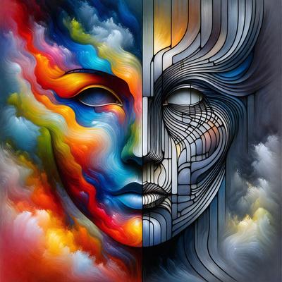 The primary subject of the image is a face, which is depicted in two different colors. The face is surrounded by a vibrant and colorful background, which includes a mix of red, blue, yellow, and orange colors. The visual style of the image is a combination of digital art and illustration, creating a unique and artistic representation of the face. The overall atmosphere of the image is lively and energetic, with the bright colors and intricate patterns adding to the dynamic nature of the face's depiction.